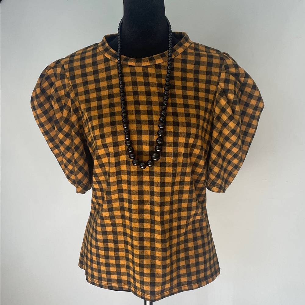 Plaid Puff Sleeve Top - Black and gold